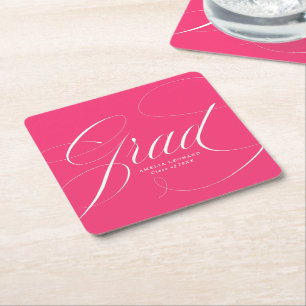 Elegant Grad Calligraphy Hot Pink Graduation Square Paper Coaster