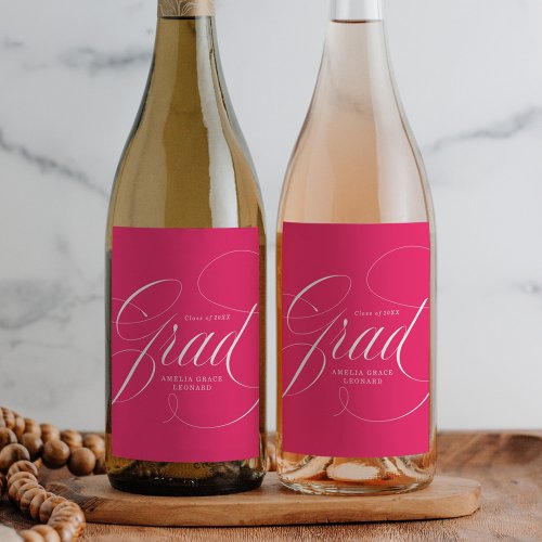 Elegant Grad Calligraphy Hot Pink Graduation Wine Label