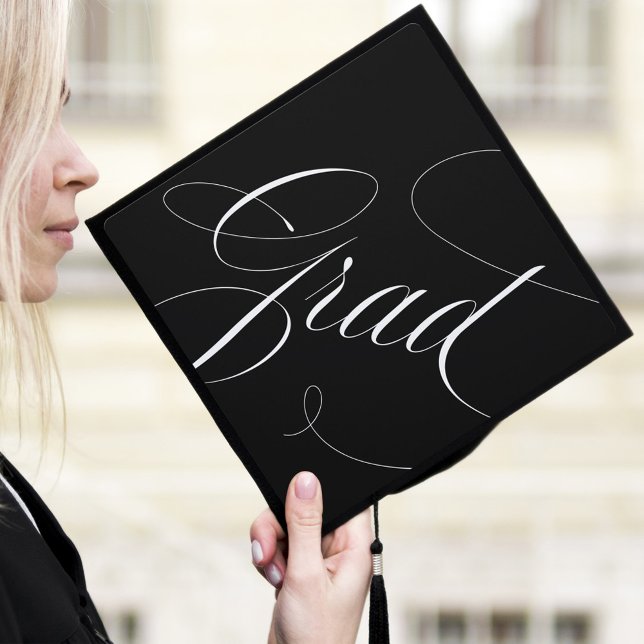 Elegant Grad Calligraphy Script Black Graduation Cap Topper (Creator Uploaded)