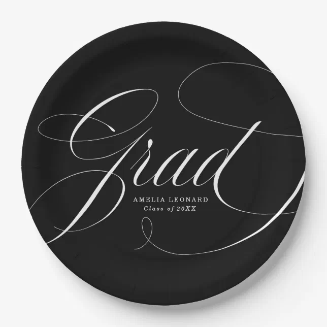 Grad Caligraphi Elegant Grad Calligraphy Script Black Graduation Paper Plates | Zazzle