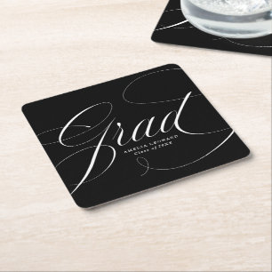 Elegant Grad Calligraphy Script Black Graduation Square Paper Coaster