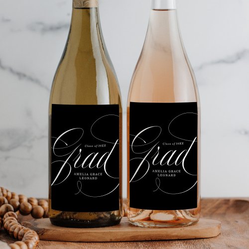 Elegant Grad Calligraphy Script Black Graduation Wine Label