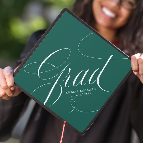 Elegant Grad Calligraphy Script Green Graduation Cap Topper
