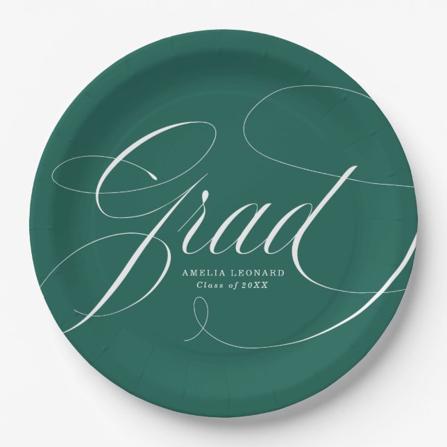 Elegant Grad Calligraphy Script Green Graduation Paper Plates (Front)