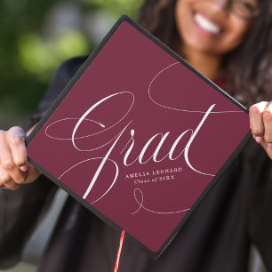 Elegant Grad Calligraphy Script Maroon Graduation Cap Topper