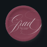 Elegant Grad Calligraphy Script Maroon Graduation Paper Plates<br><div class="desc">Add a personalized touch to your graduation party with our custom graduation paper plates! The graduation paper plates feature "Grad" in an elegant white calligraphy script with a maroon background. Personalize the graduation plates by adding the graduate's name and graduation year.</div>