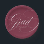 Elegant Grad Calligraphy Script Maroon Graduation Paper Plates<br><div class="desc">Add a personalized touch to your graduation party with our custom graduation paper plates! The graduation paper plates feature "Grad" in an elegant white calligraphy script with a maroon background. Personalize the graduation plates by adding the graduate's name and graduation year.</div>