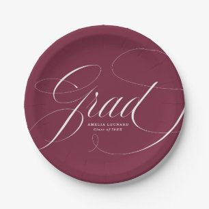 Elegant Grad Calligraphy Script Maroon Graduation Paper Plates