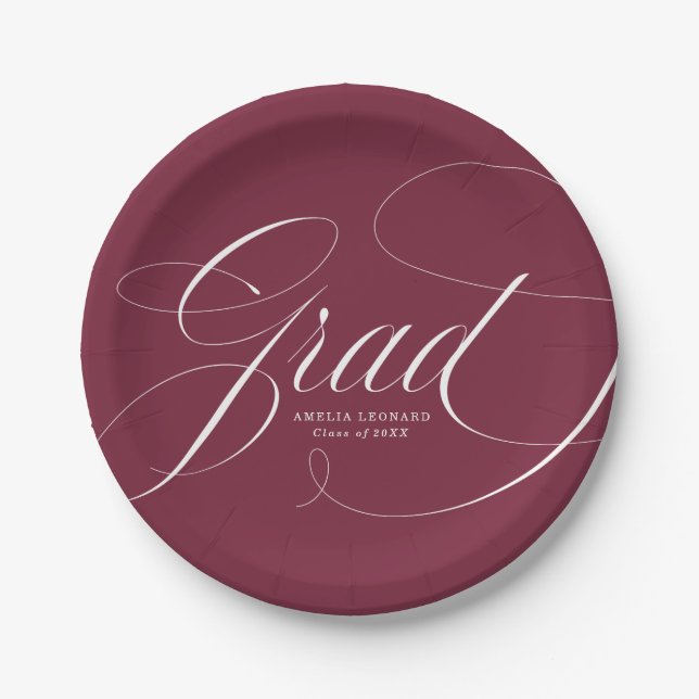 Elegant Grad Calligraphy Script Maroon Graduation Paper Plates (Front)
