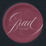 Elegant Grad Calligraphy Script Maroon Graduation Paper Plates<br><div class="desc">Add a personalized touch to your graduation party with our custom graduation paper plates! The graduation paper plates feature "Grad" in an elegant white calligraphy script with a maroon background. Personalize the graduation plates by adding the graduate's name and graduation year.</div>