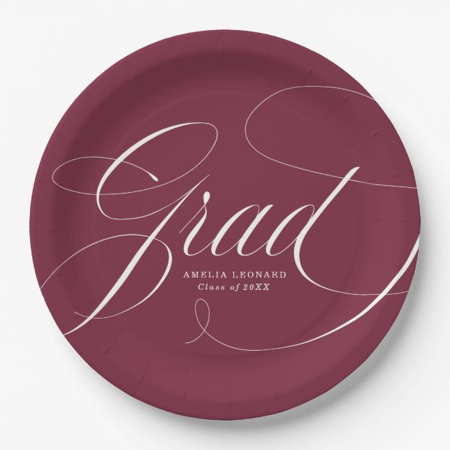 Elegant Grad Calligraphy Script Maroon Graduation Paper Plates (Front)