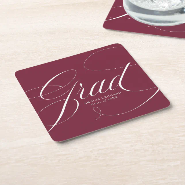 Grad Caligraphi Elegant Grad Calligraphy Script Maroon Graduation Square Paper Coaster ...