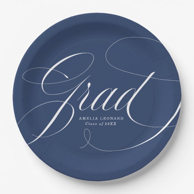 Elegant Grad Calligraphy Script Navy Graduation Paper Plates (Front)