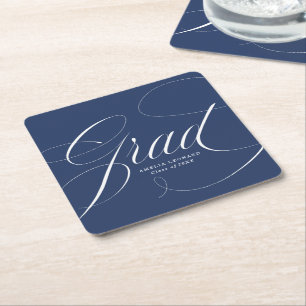 Elegant Grad Calligraphy Script Navy Graduation Square Paper Coaster