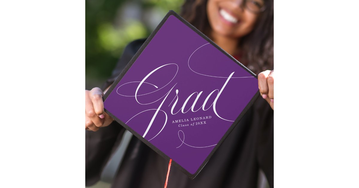 Grad Caligraphi Elegant Grad Calligraphy Script Purple Graduation Cap Topper | Zazzle
