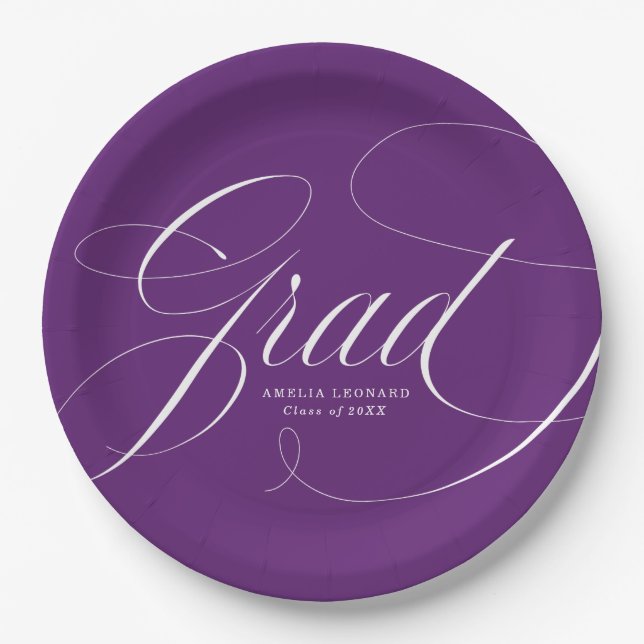Elegant Grad Calligraphy Script Purple Graduation Paper Plates (Front)