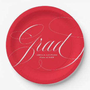 Elegant Grad Calligraphy Script Red Graduation Paper Plates