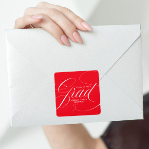 Elegant Grad Calligraphy Script Red Graduation Square Sticker
