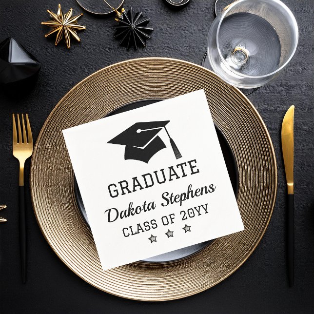 Elegant Grad Cap and Stars Graduate Class Year  Napkins (Black and White Grad Cap "GRADUATE" Graduation Name and Class Year Paper Napkins)