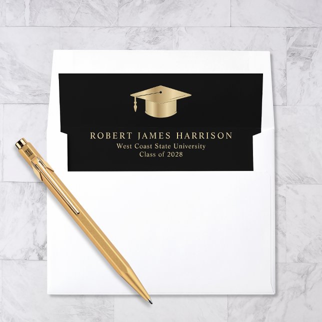 Elegant Grad Cap Black Gold Graduation Envelope Liner (Creator Uploaded)