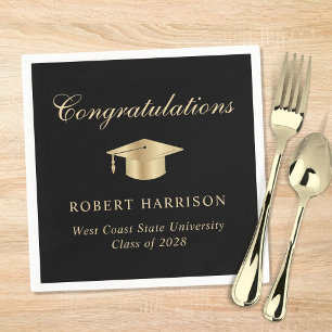 Elegant Grad Cap Black Gold Graduation Party Napkins