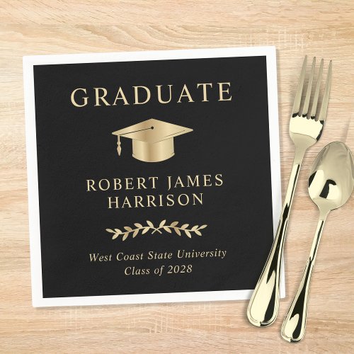 Elegant Grad Cap Black Gold Graduation Party Napkins