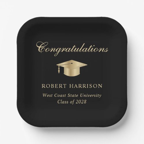 Elegant Grad Cap Black Gold Graduation Party Paper Plates