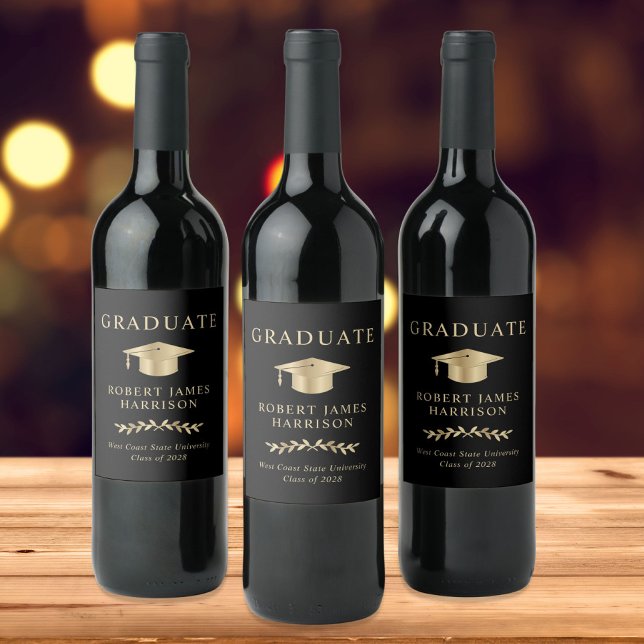 Elegant Grad Cap Black Gold Graduation Party Wine Label (Creator Uploaded)