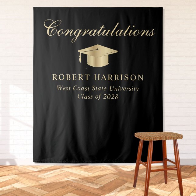 Elegant Grad Cap Black Gold Graduation Welcome Tapestry (Creator Uploaded)