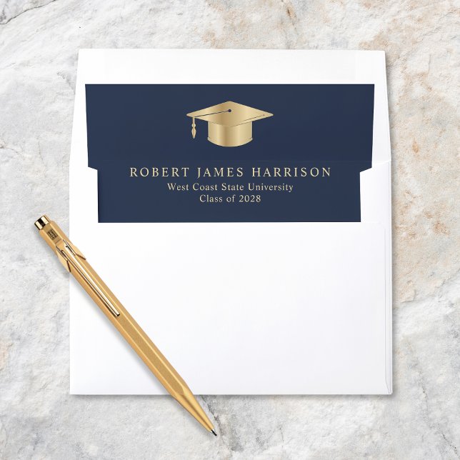 Elegant Grad Cap Blue Gold Graduation Envelope Liner (Creator Uploaded)