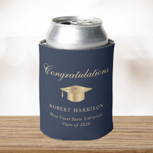Elegant Grad Cap Blue Gold Graduation Party Can Cooler