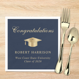 Elegant Grad Cap Blue Gold Graduation Party Napkins