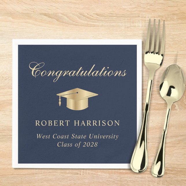 Elegant Grad Cap Blue Gold Graduation Party Napkins (Creator Uploaded)