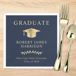 Elegant Grad Cap Blue Gold Graduation Party Napkins