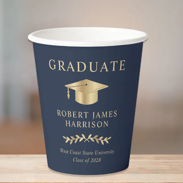 Elegant Grad Cap Blue Gold Graduation Party Paper Cups | Zazzle