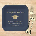 Elegant Grad Cap Blue Gold Graduation Party Paper Plates<br><div class="desc">Elegant blue graduation party paper plates featuring a gold grad cap,  "Congratulations" in a classic script and the graduate's name,  school and class year in modern typography.</div>