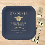 Elegant Grad Cap Blue Gold Graduation Party Paper Plates<br><div class="desc">Elegant dark blue graduation party paper plates featuring a gold grad cap,  "Graduate" and the graduate's name,  school and class year in classic serif typography.</div>