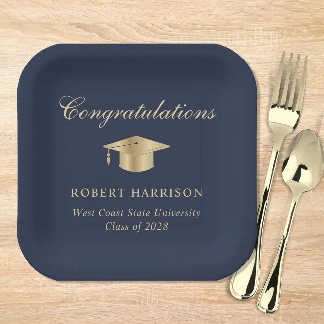 Elegant Grad Cap Blue Gold Graduation Party Paper Plates (Creator Uploaded)