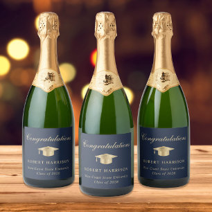 Elegant Grad Cap Blue Gold Graduation Party Sparkling Wine Label