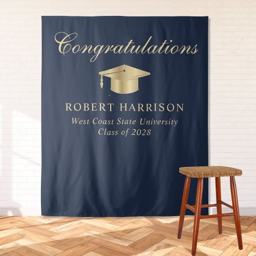 Elegant Grad Cap Blue Gold Graduation Welcome Tapestry