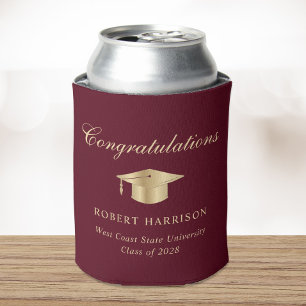 Elegant Grad Cap Burgundy Gold Graduation Party Can Cooler