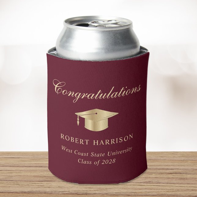 Elegant Grad Cap Burgundy Gold Graduation Party Can Cooler (Creator Uploaded)