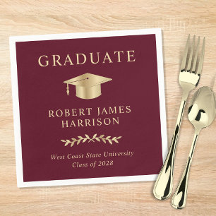 Elegant Grad Cap Burgundy Gold Graduation Party Napkins