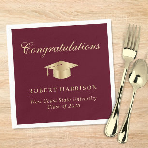 Elegant Grad Cap Burgundy Gold Graduation Party Napkins