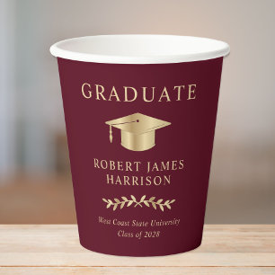 Elegant Grad Cap Burgundy Gold Graduation Party Paper Cups