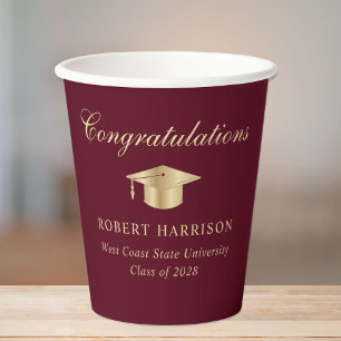 Elegant Grad Cap Burgundy Gold Graduation Party Paper Cups
