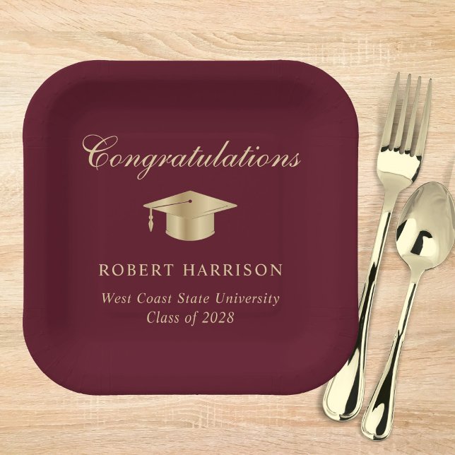 Elegant Grad Cap Burgundy Gold Graduation Party Paper Plates (Creator Uploaded)