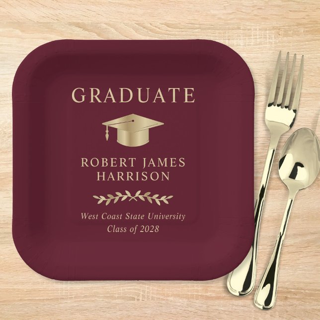 Elegant Grad Cap Burgundy Gold Graduation Party Paper Plates (Creator Uploaded)