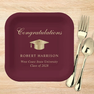 Elegant Grad Cap Burgundy Gold Graduation Party Paper Plates