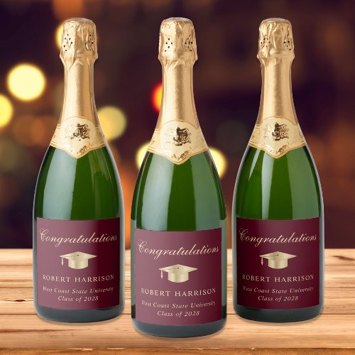 Elegant Grad Cap Burgundy Gold Graduation Party Sparkling Wine Label